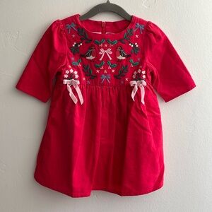 NWT Mini Boden Embroidered Cord Dress Pop Peony Festive 12-18M